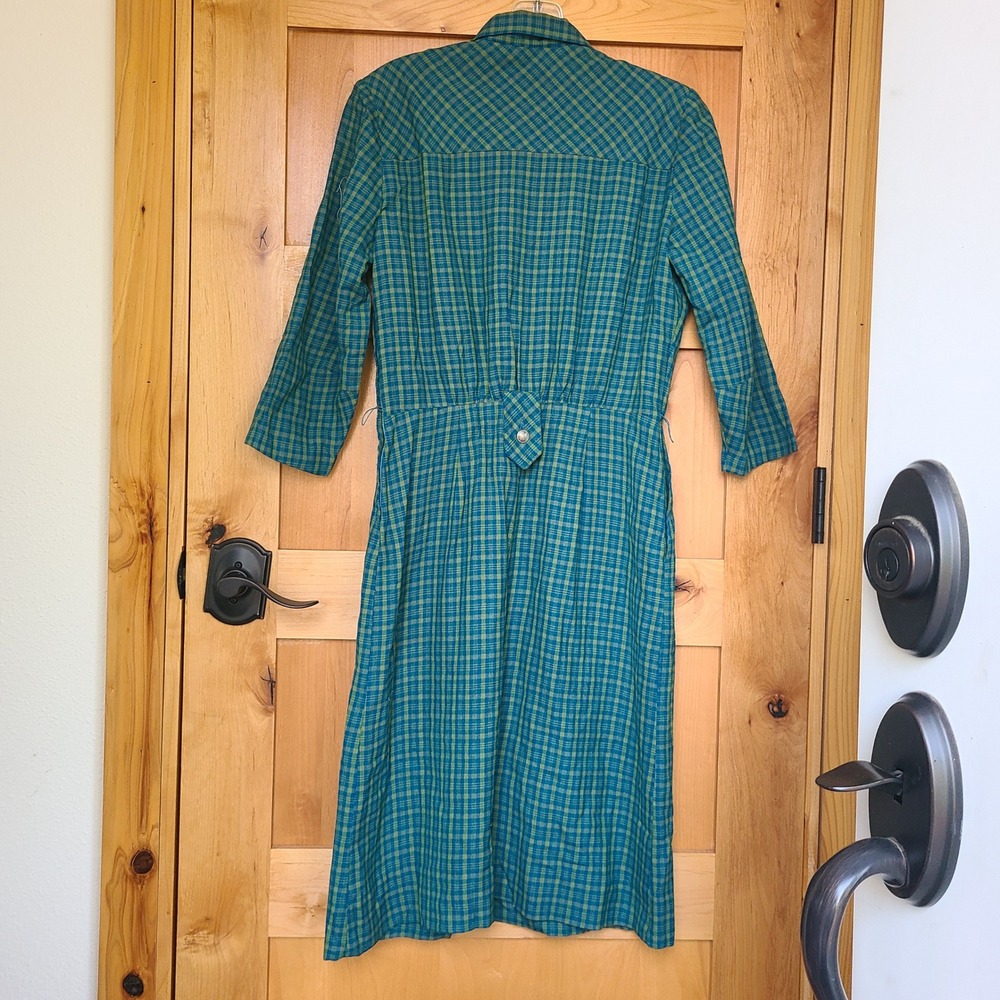 Vintage Handmade Sz L Blue Green Plaid Midi Dress Collar Cottagecore Prairie - Picture 4 of 10